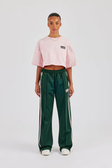 Cropped Embroidered T-Shirt & Taping Wide Leg Track Pant - Pink & Green