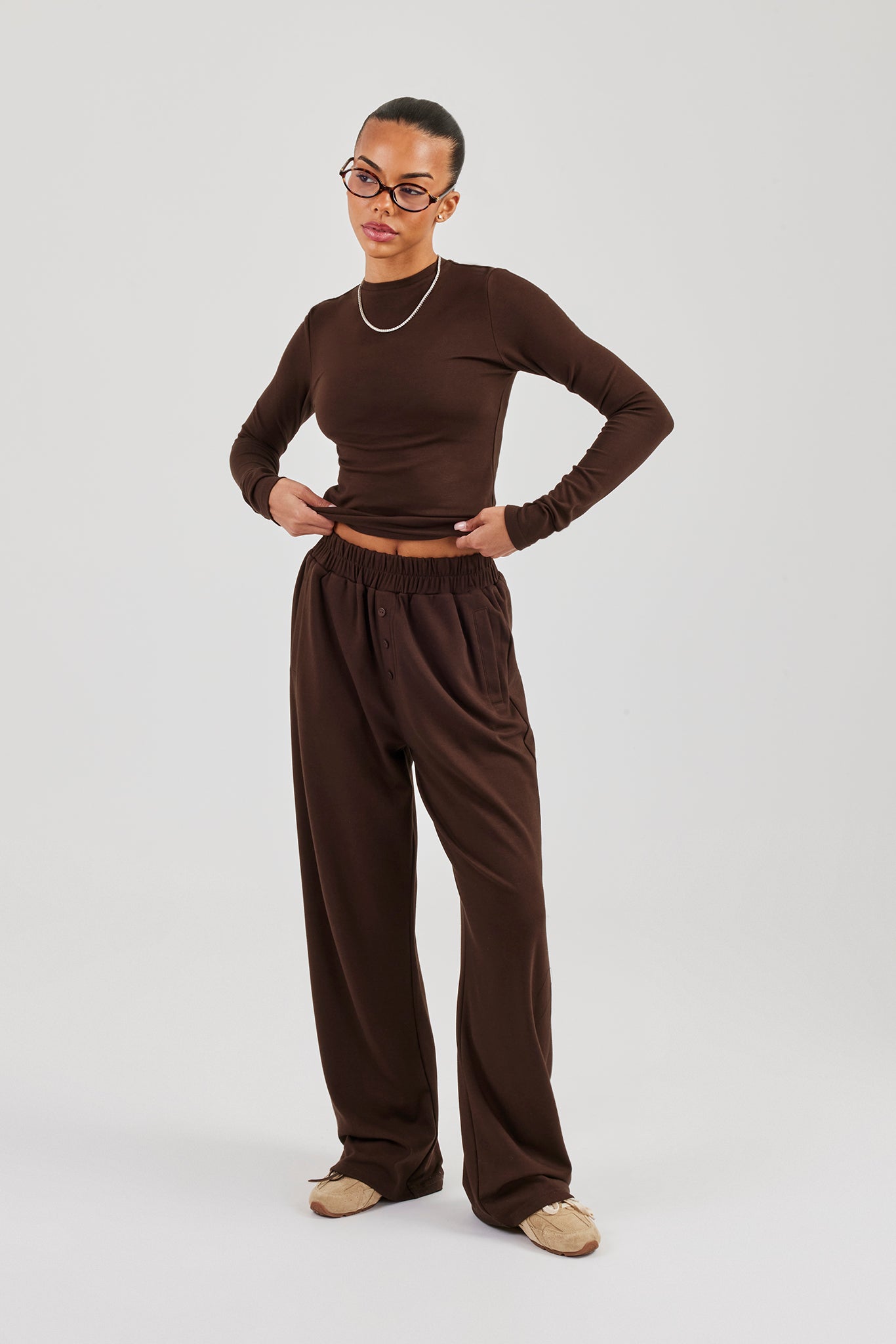 Soft Touch Button Detail Trouser - Chocolate