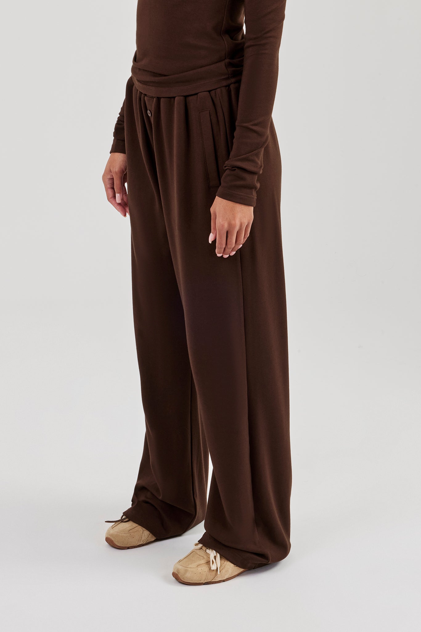 Soft Touch Button Detail Trouser - Chocolate