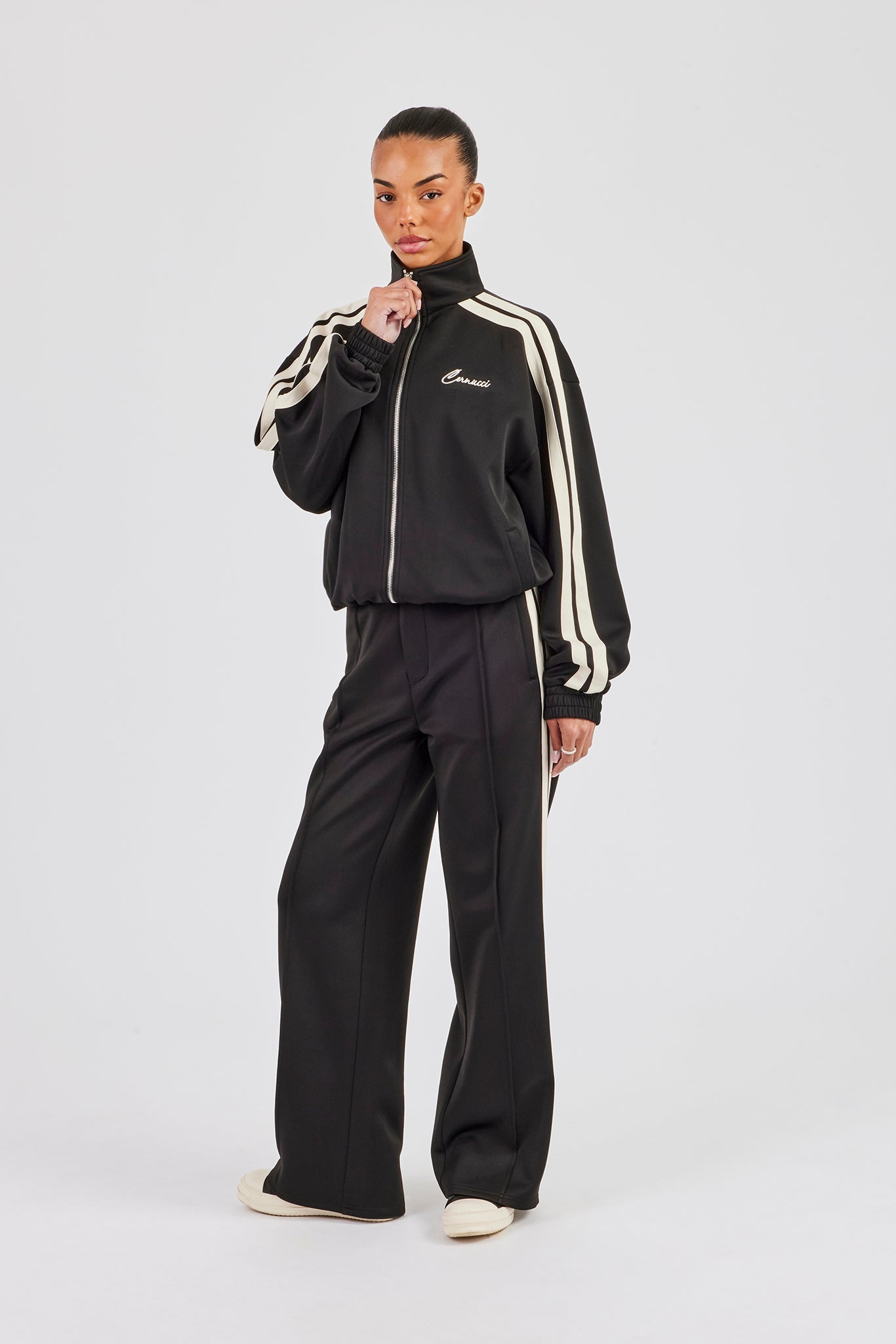 Funnel Neck Taping Zip Through Track Jacket & Tailored Trouser - Black