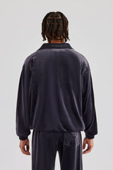 Velours-Trainingsjacke mit durchgehendem Reißverschluss und Zierband - Anthrazit