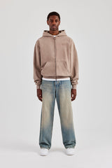 Washed Zip Through Hoodie - Taupe