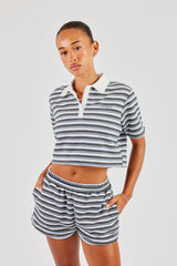 Textured Stripe Short Sleeve Polo & Shorts - Blue
