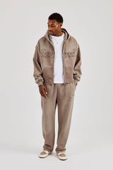 Washed Applique Zip Through Hoodie - Brown