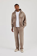 Washed Applique Zip Through Hoodie & Relaxed Jogger - Brown
