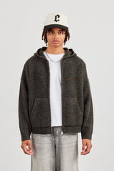 Embroidered Knitted Zip Hoodie - Chocolate