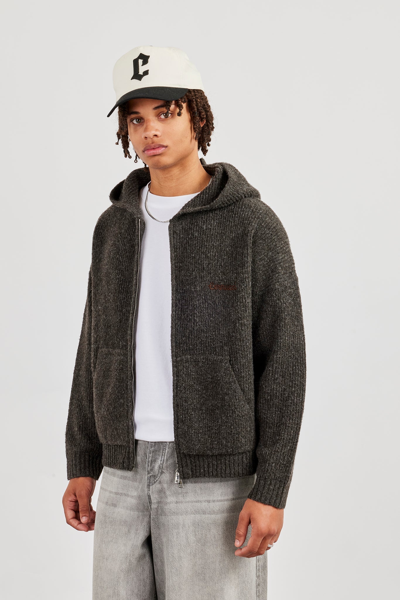 Embroidered Knitted Zip Hoodie - Chocolate
