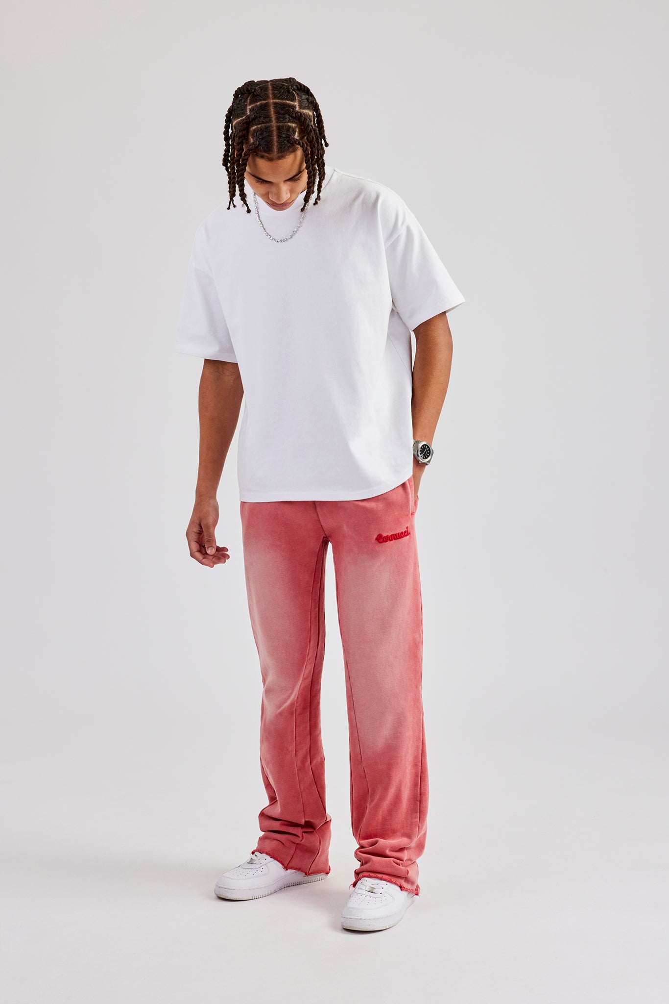 Washed Flare Fit Panelled Jogger - Washed Red