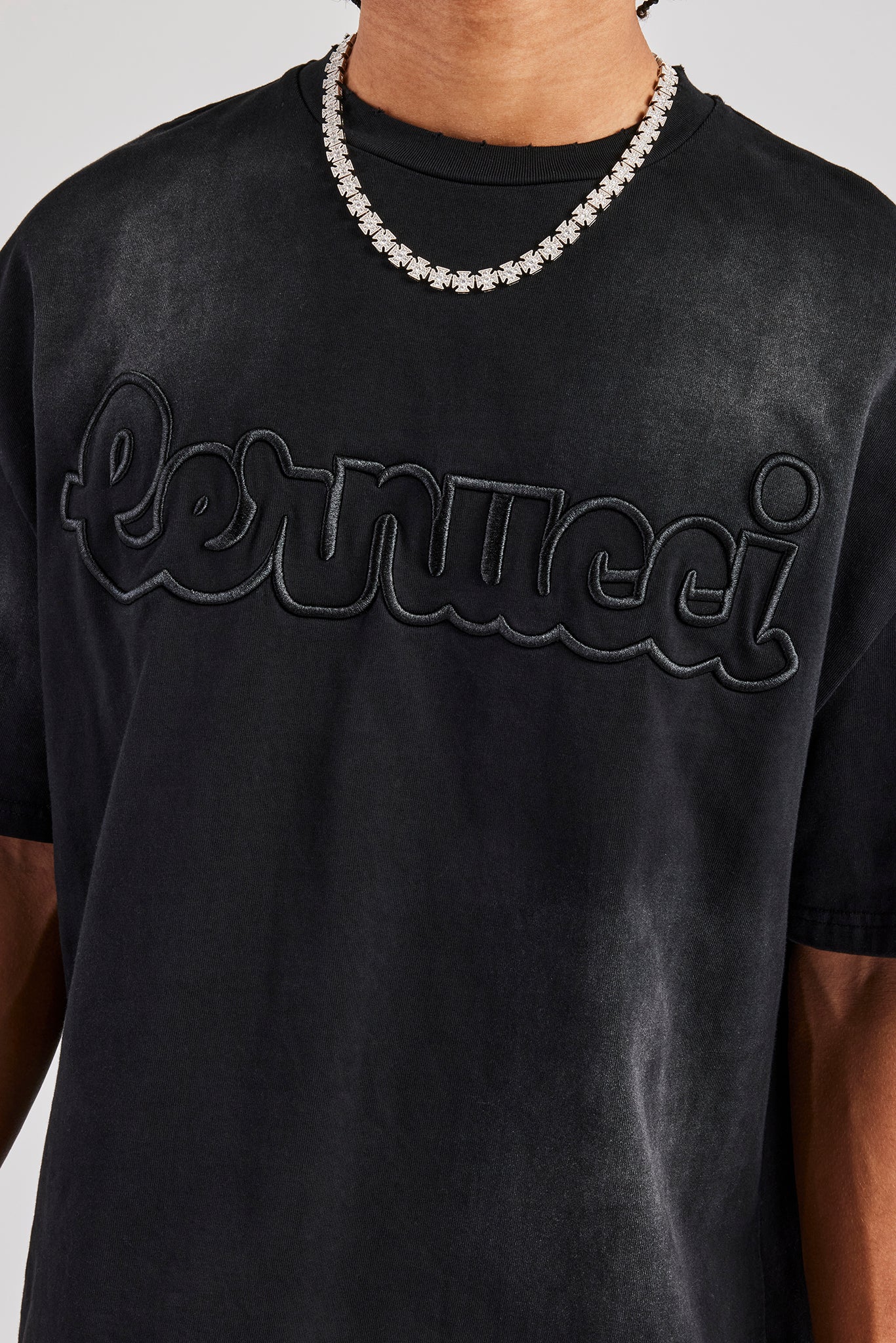 Boxy Washed Embroidered T-Shirt - Black