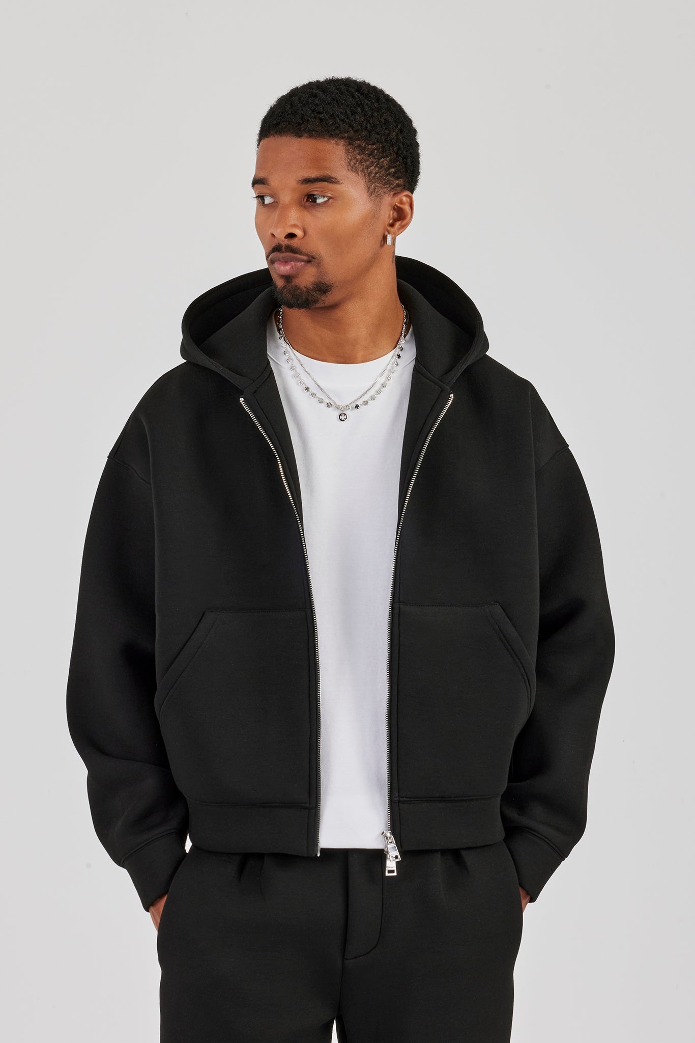 Scuba Zip Through Boxy Hoodie - Black