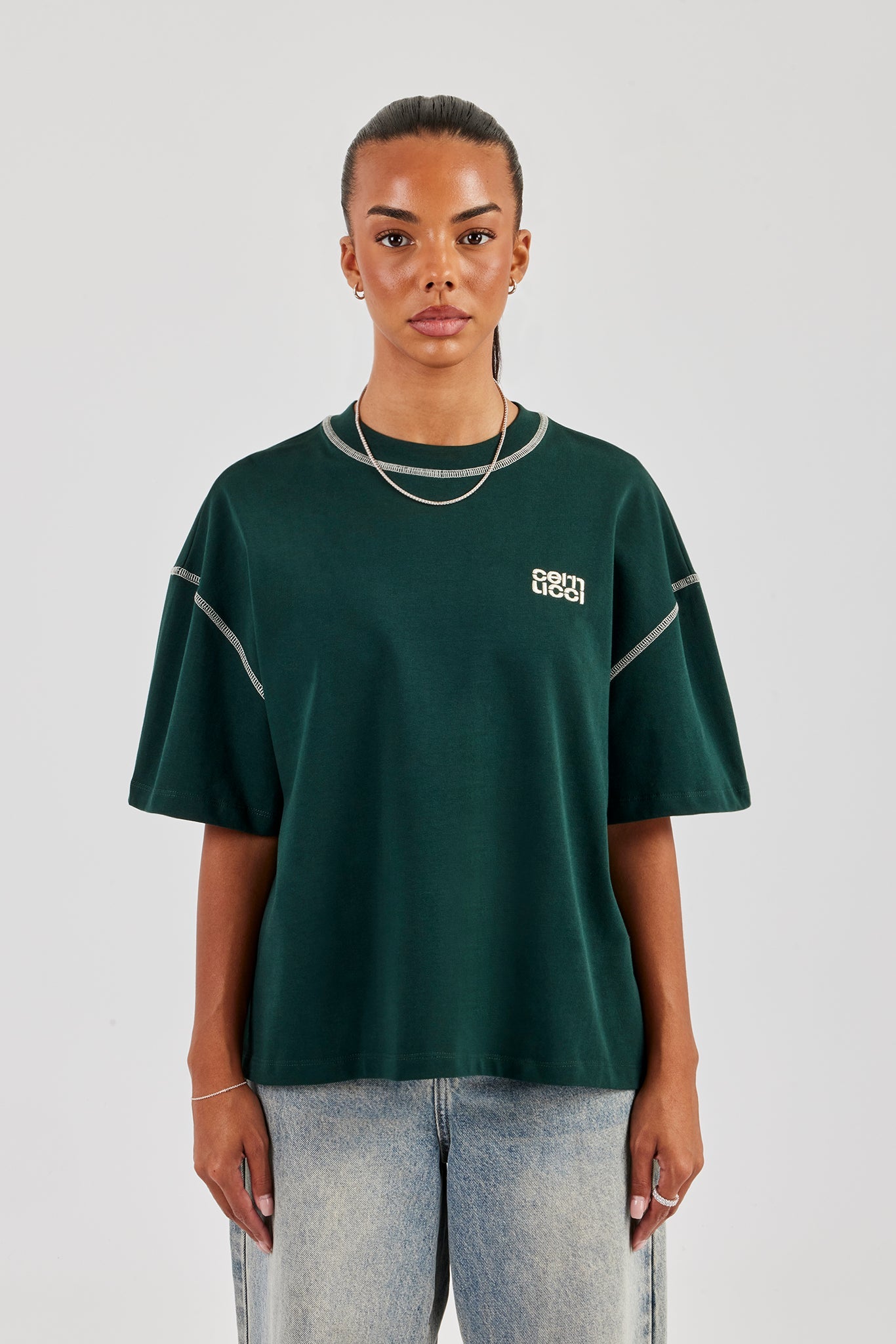 Diamond Cut Contrast Stitch T-Shirt - Forest Green
