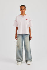 Diamond Cut Contrast Stitch T-Shirt - Baby Pink