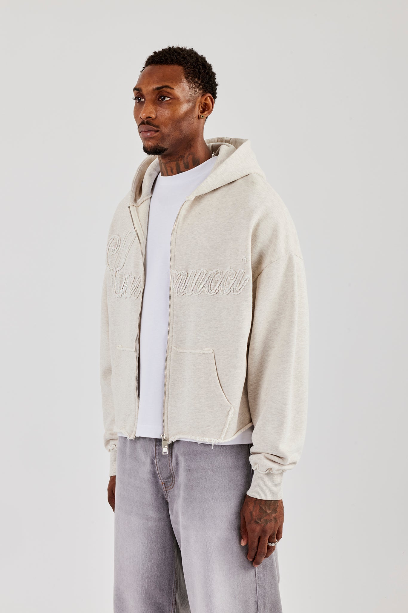 Boxy Applique Zip Hoodie - Ash Grey