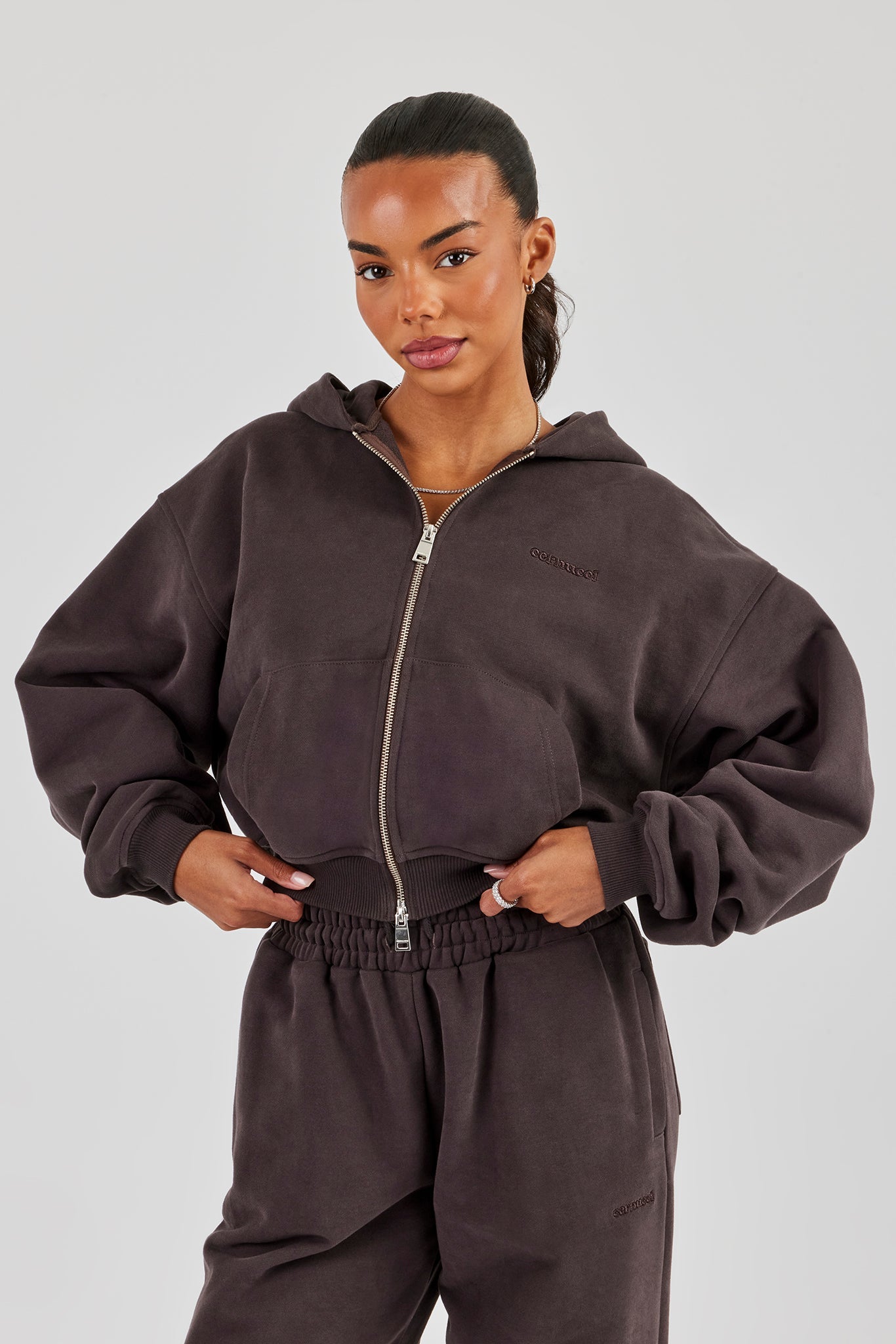 Cernucci Cropped Zip Through Hoodie - Coffee