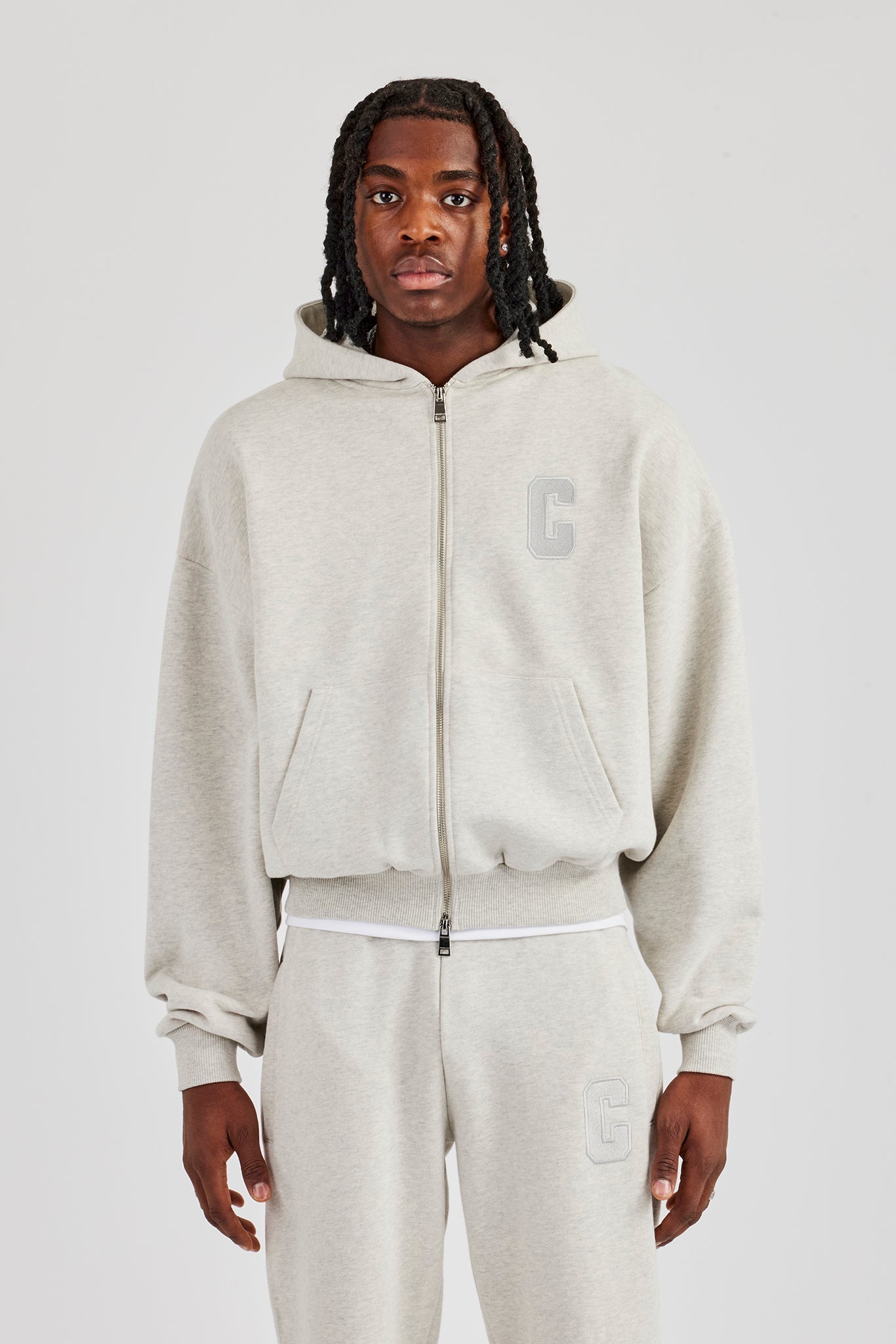 Embroidered C Boxy Zip Through Hoodie - Ash Grey