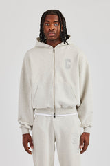 Embroidered C Boxy Zip Through Hoodie - Ash Grey