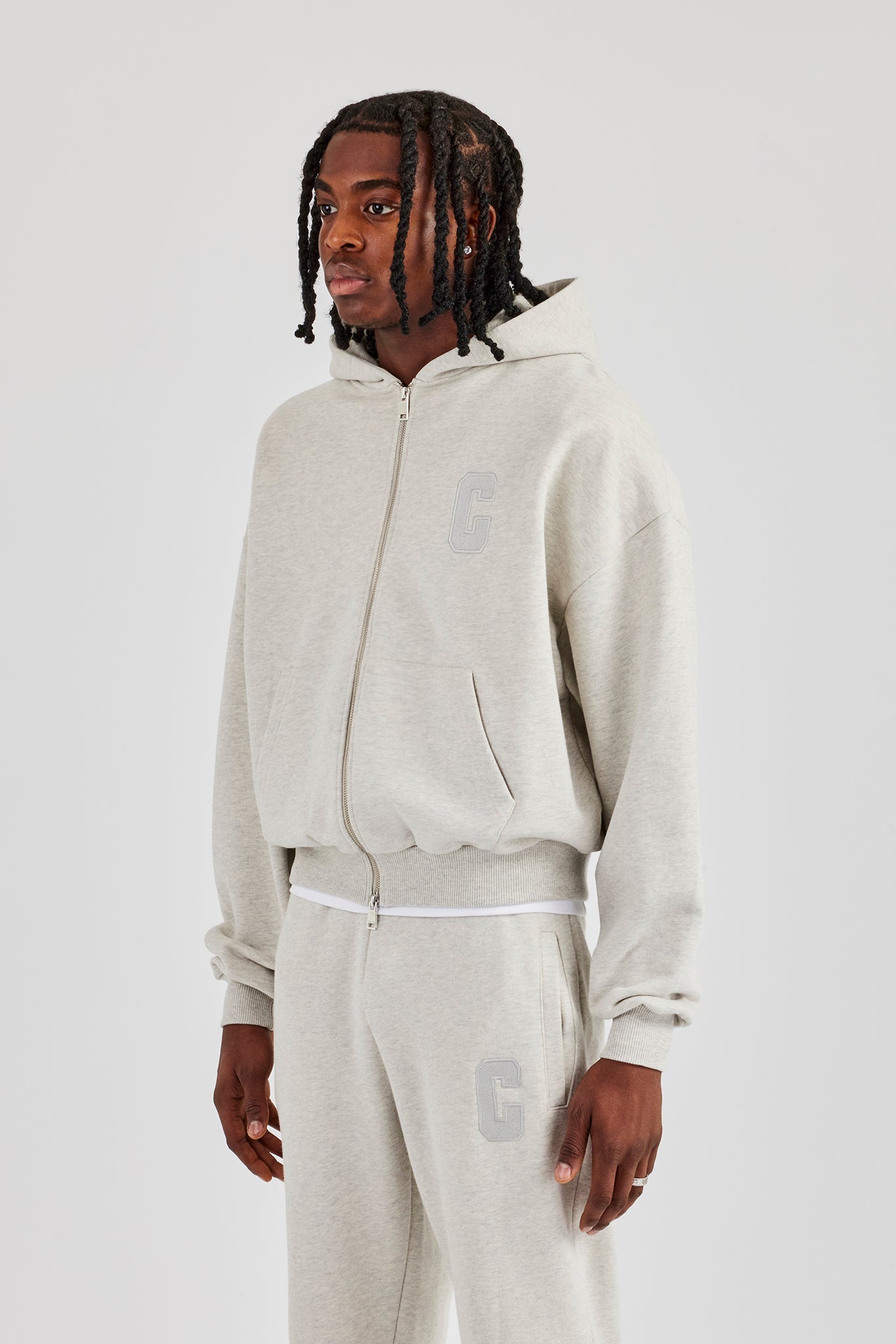 Embroidered C Boxy Zip Through Hoodie - Ash Grey