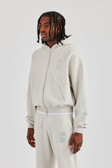 Embroidered C Boxy Zip Through Hoodie - Ash Grey