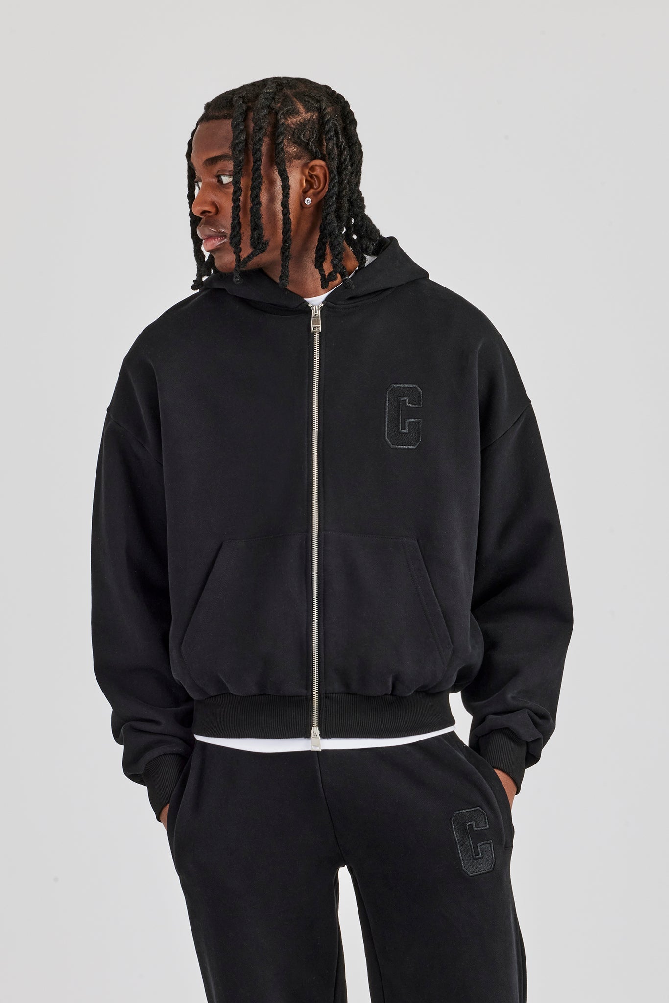 Embroidered C Boxy Zip Through Tracksuit - Black