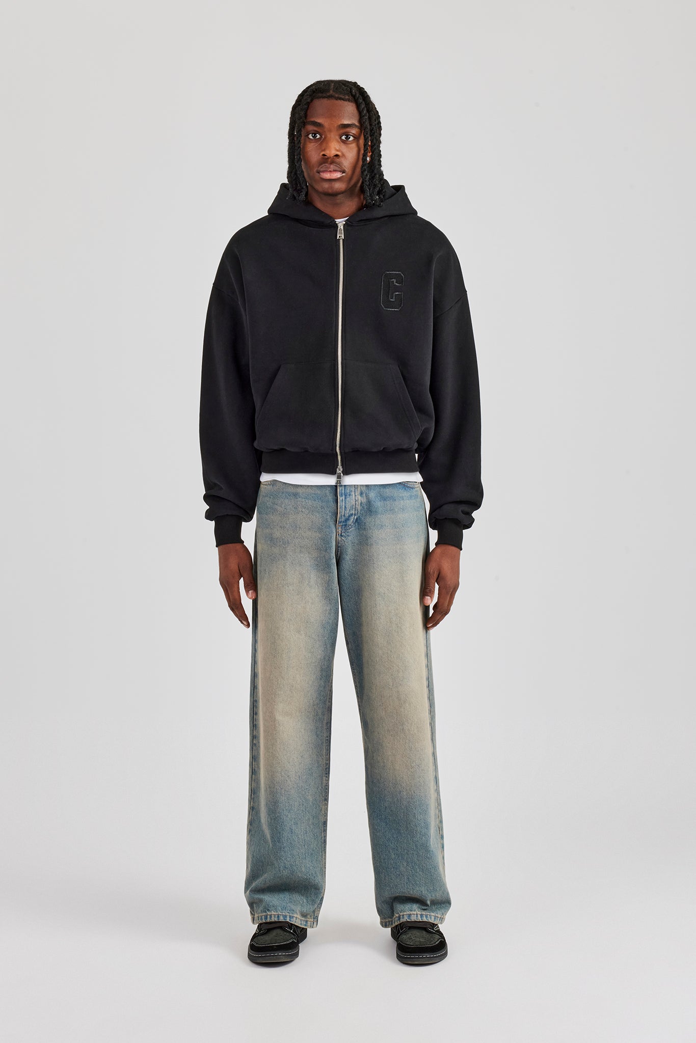 Embroidered C Boxy Zip Through Hoodie - Black