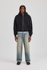 Embroidered C Boxy Zip Through Hoodie - Black