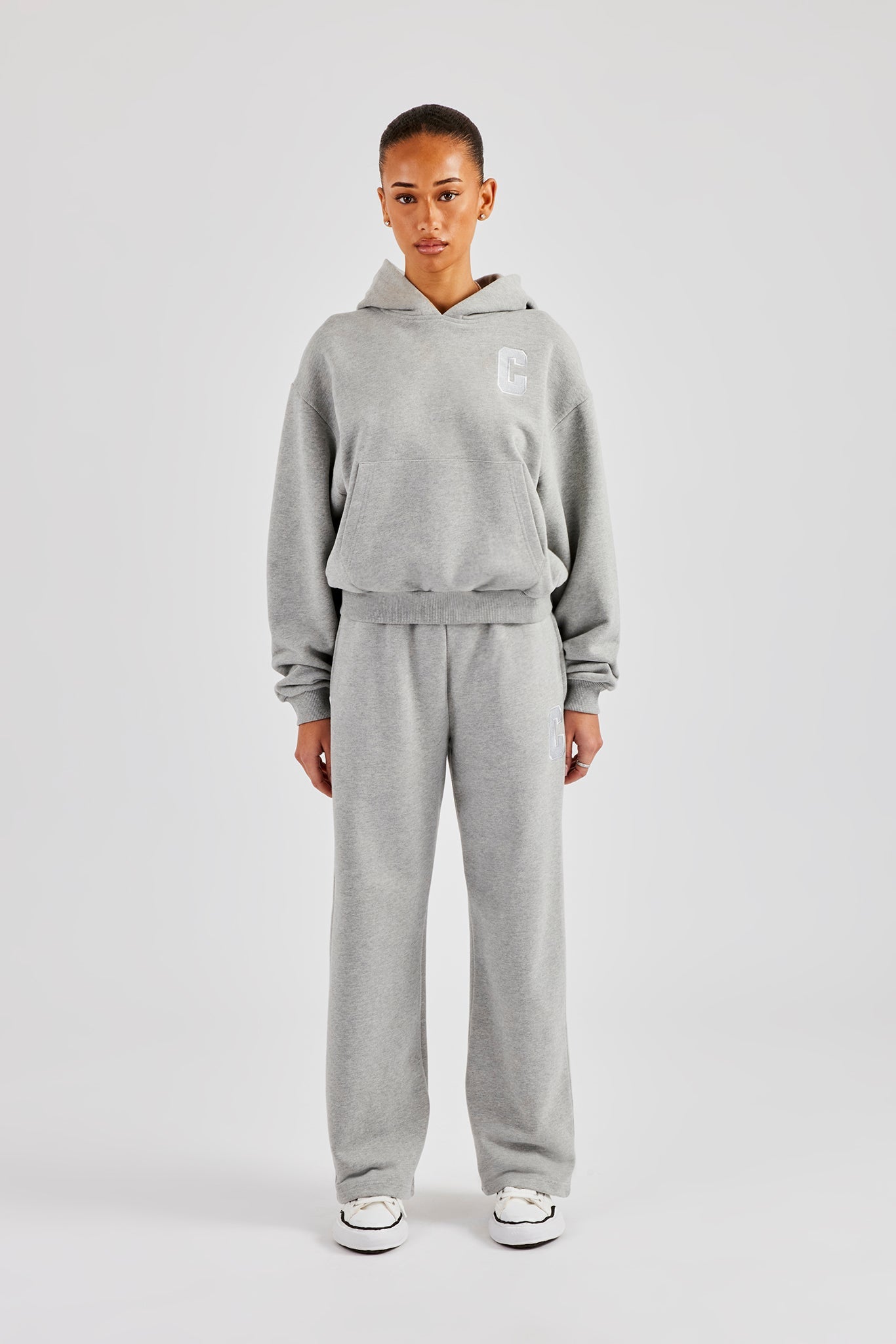 Embroidered C Boxy Hoodie - Grey Marl
