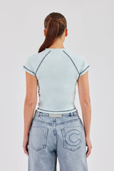 Contrast Stitch Cap Sleeve Tee - Baby Blue