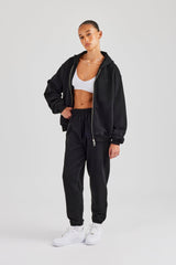 Oversized Zip Through Hoodie & Cuffed Joggers - Black