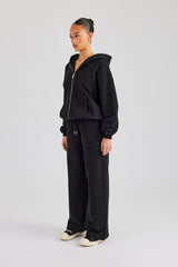 Oversized Zip Through Hoodie & Embroidered Wide Leg Jogger - Black