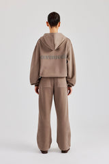 Oversized Zip Through Hoodie & Embroidered Wide Leg Jogger - Taupe