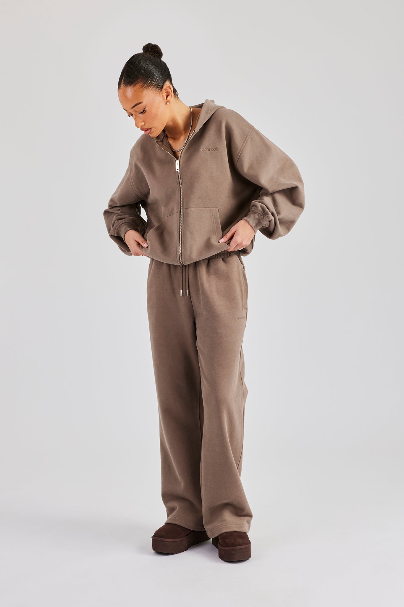 Oversized Zip Through Hoodie & Embroidered Wide Leg Jogger - Taupe