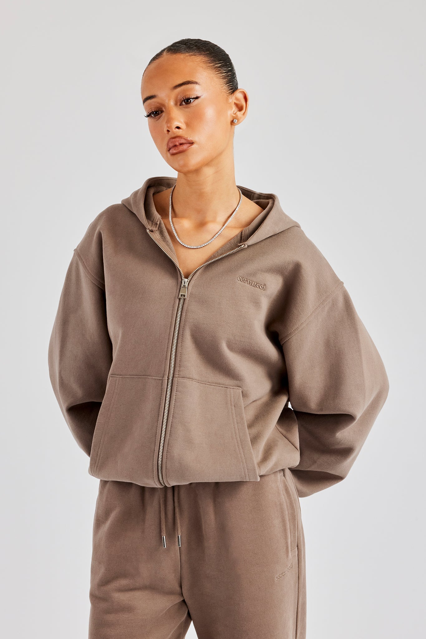 Oversized Zip Through Hoodie - Taupe