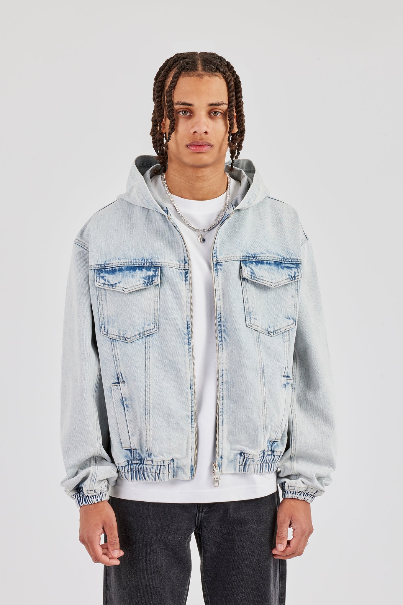 Denim Boxy Fit Zip Hoodie - Ice Blue
