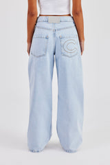 Baggy Fit Button Detail Jeans - Light Blue
