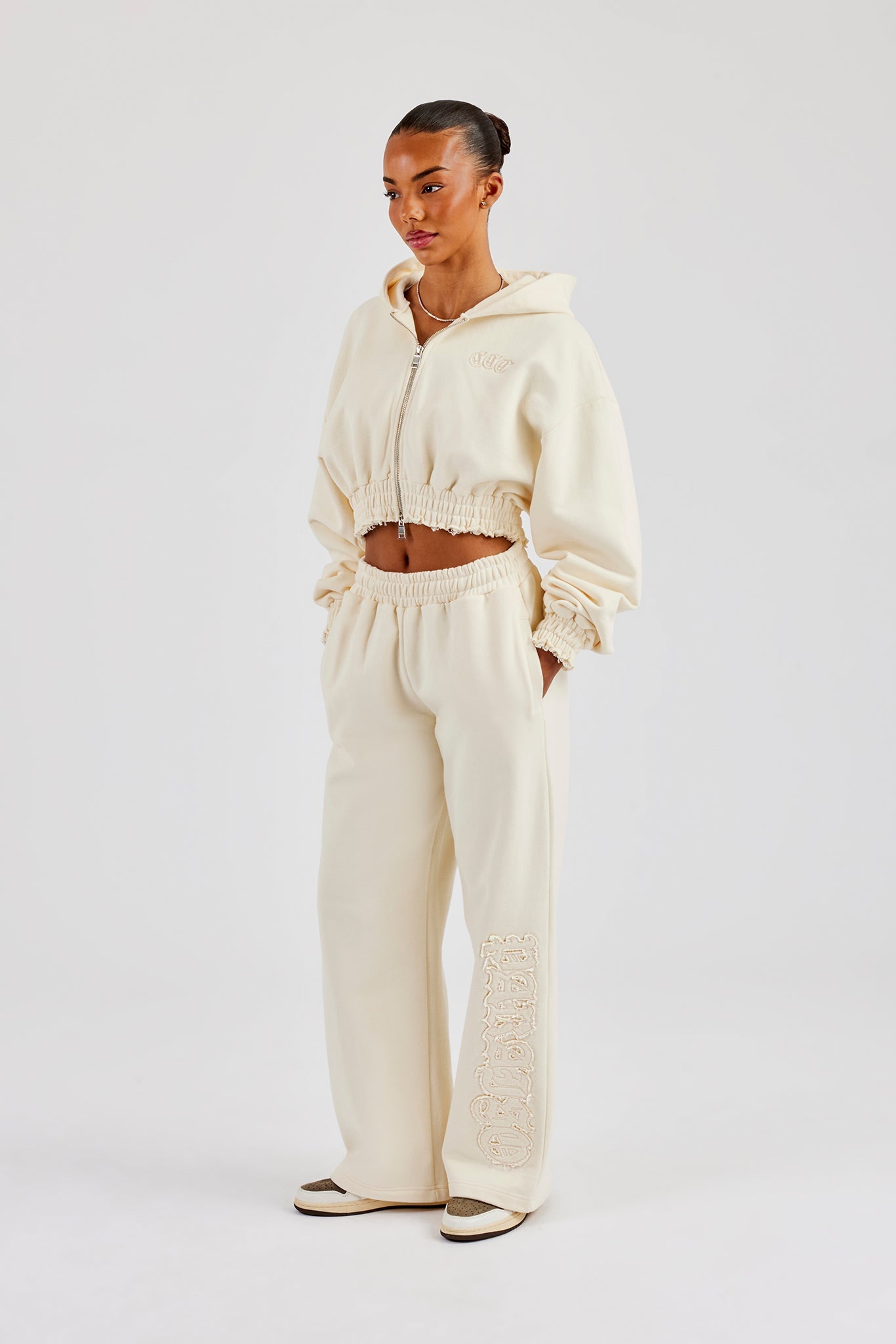 Distressed Applique Cropped Tracksuit - Butter Yellow