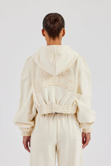 Distressed Applique Cropped Hoodie - Butter Yellow