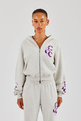 Cropped Layered Applique Zip Hoodie - Ash Grey
