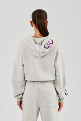 Cropped Layered Applique Zip Hoodie - Ash Grey