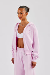 Embroidered Applique Boxy Zip Hoodie - Pink