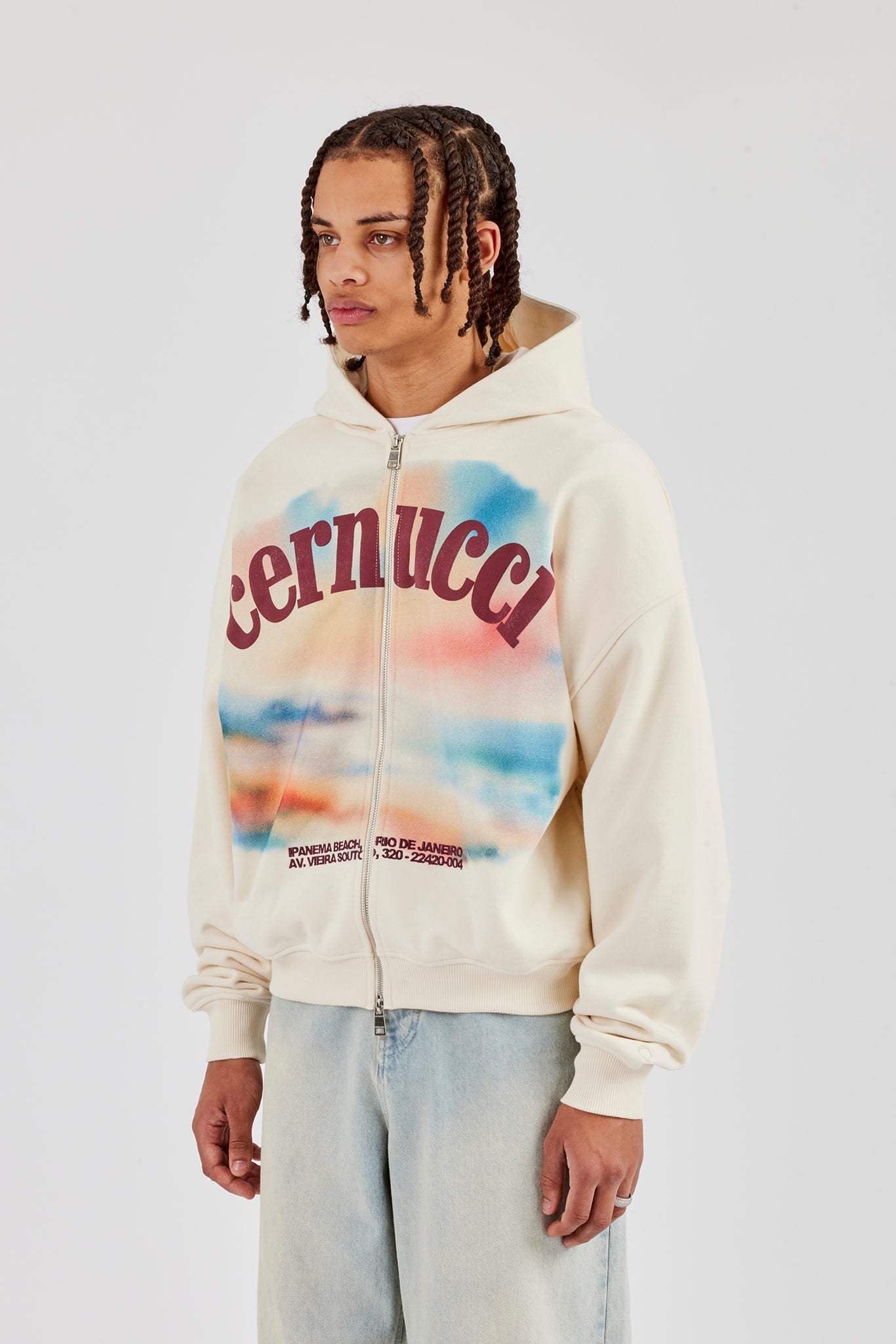 Boxy Zip Through Printed Hoodie - Ecru