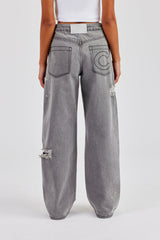 Tie Waist Shadow Pocket Baggy Jean - Washed Grey