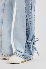 Contrast Panel Tie Bottom Baggy Jean - Ice Blue