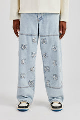 Etched Motif Baggy Fit Jean - Light Blue