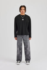Ribbed Long Sleeve Embroidered T-Shirt - Black