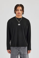 Ribbed Long Sleeve Embroidered T-Shirt - Black