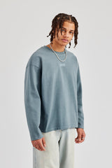 Washed Long Sleeve Embroidered T-Shirt - Blue