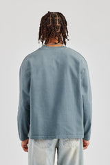 Washed Long Sleeve Embroidered T-Shirt - Blue