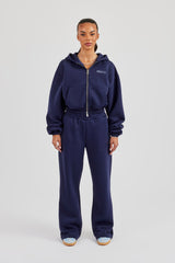 Logo Tab Boxy Zip Hoodie & Wide Leg Jogger - Navy Blue