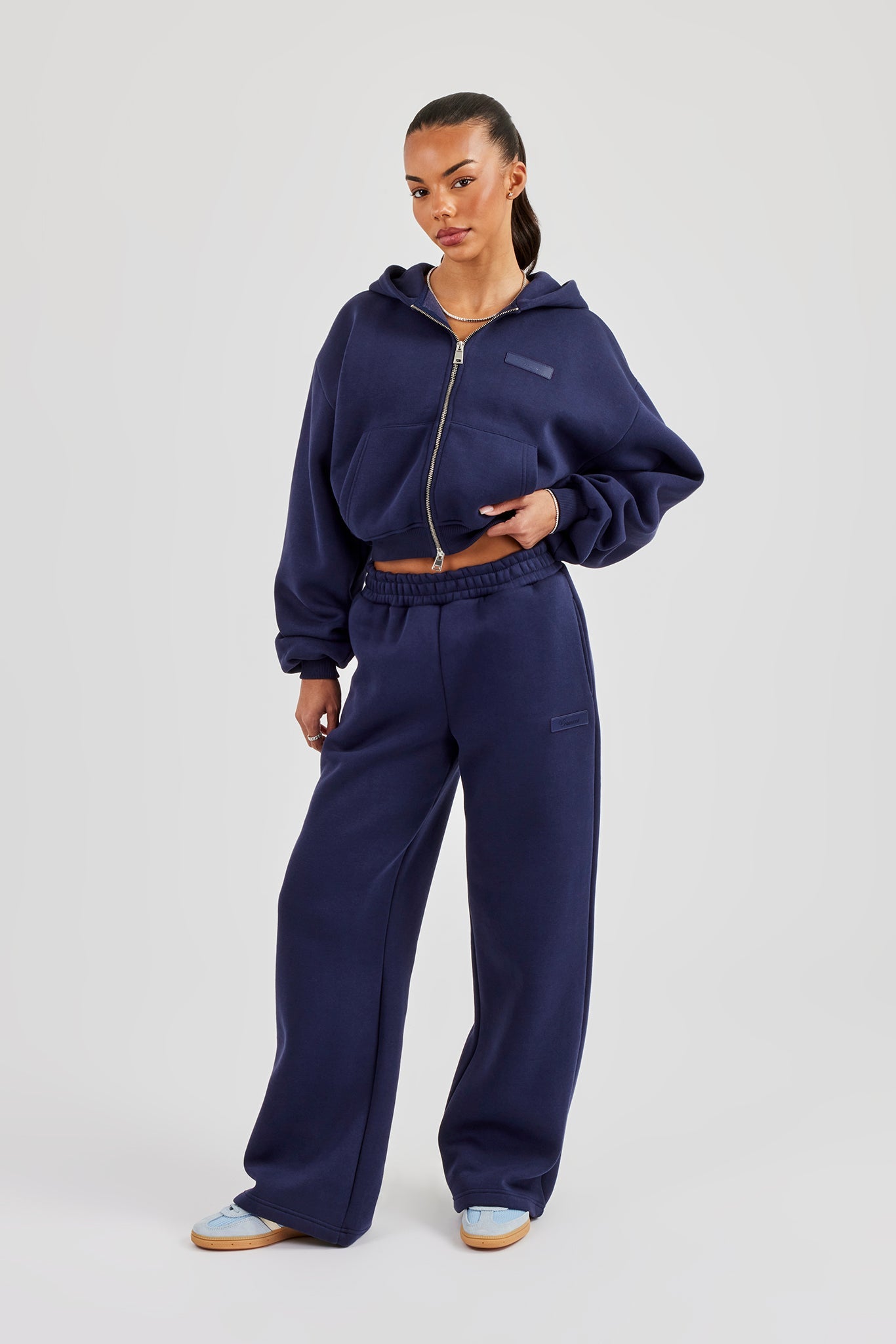 Logo Tab Boxy Zip Hoodie - Navy Blue
