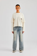 Mehrlagiges T-Shirt mit langen Ärmeln und Glitzerapplikation - Off White